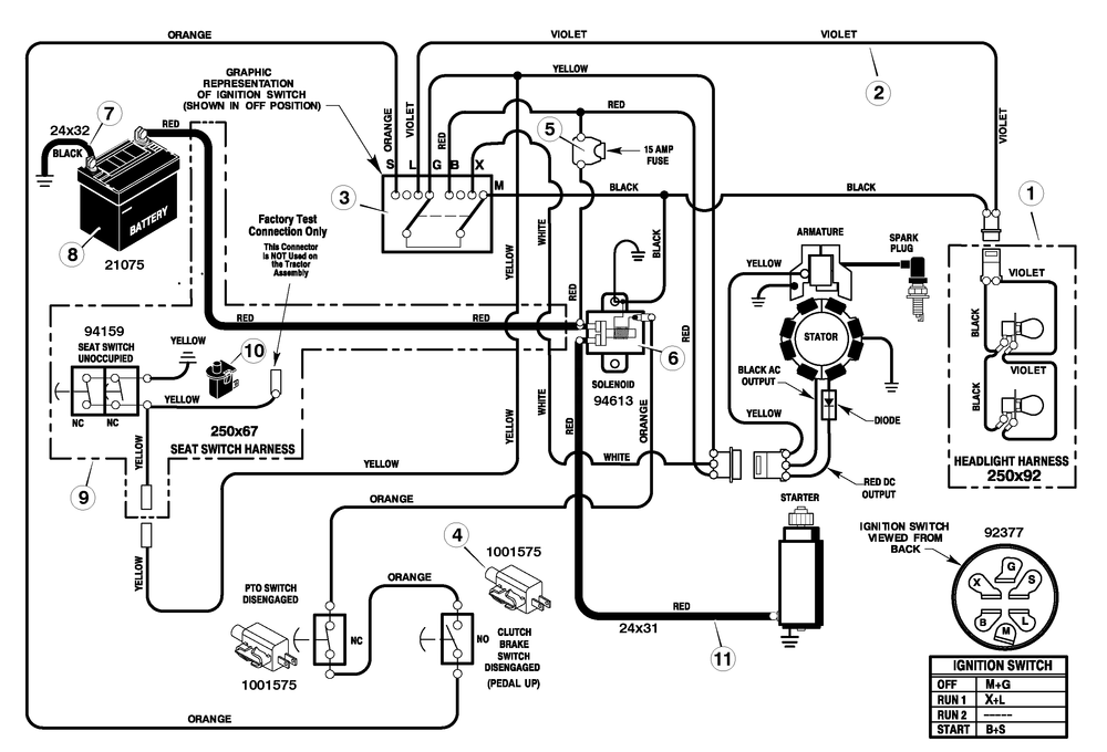 Electrical System Diagram and Parts List for 385004X52A 2005 Briggs and Stratton Lawn Tractor